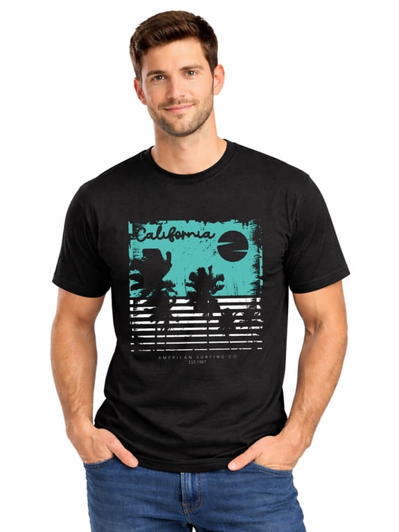 Graphic Short Sleeve T-Shirt for Men Regular Fit Crewneck with California Surf Vibes Soft Cotton Fabric on Black Fabric