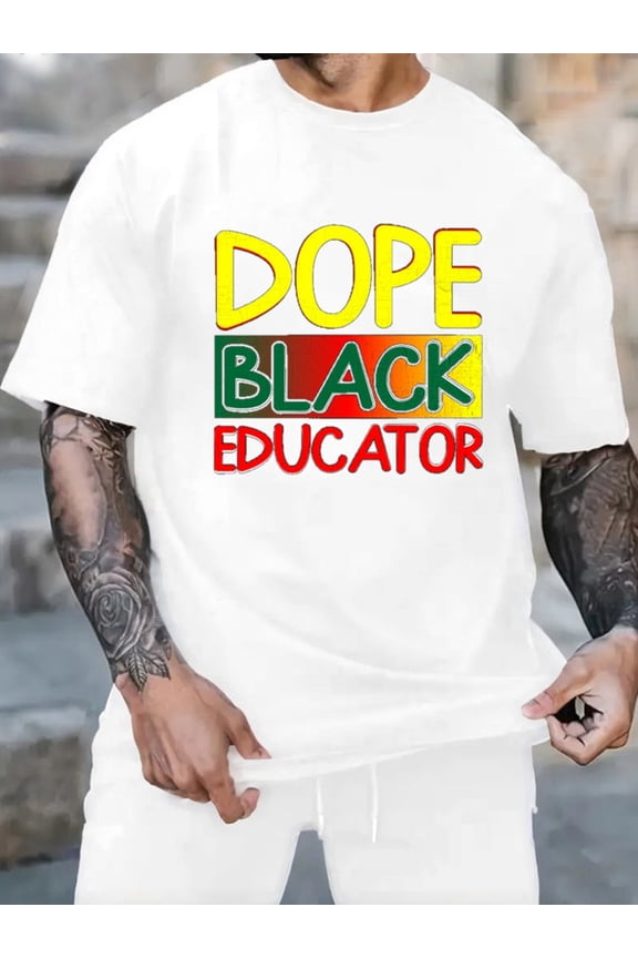 Graphic Short Sleeve T-Shirt for Men Regular Fit Crewneck with Dope Black Educator Cotton Fabric on White Fabric
