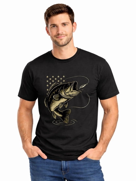 Graphic Short Sleeve T-Shirt for Men Regular Fit Crewneck with Fishing Bass Flag Soft Cotton Fabric on Black Fabric