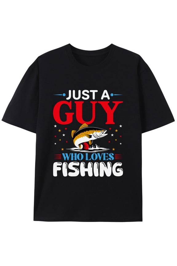 Graphic Short Sleeve T-Shirt for Men Regular Fit Crewneck with Fishing Guy Tee Cotton Fabric on White Fabric fishing