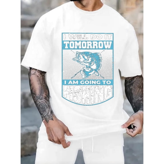 Graphic Short Sleeve T-Shirt for Men Regular Fit Crewneck with Fishing Tomorrow Tee Cotton Fabric on White Fabric