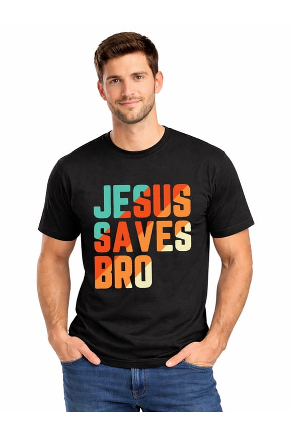 Graphic Short Sleeve T-Shirt for Men Regular Fit Crewneck with Jesus Saves Bro Tee Cotton Fabric on Black Fabric
