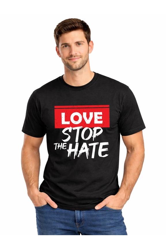 Graphic Short Sleeve T-Shirt for Men Regular Fit Crewneck with Love Stops Hate Cotton Fabric on Black Fabric Valentine Theme
