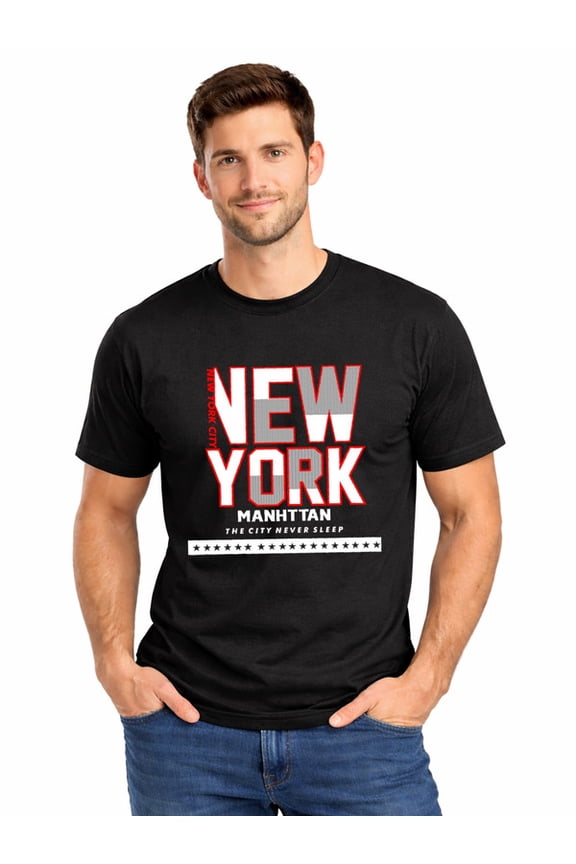 Graphic Short Sleeve T-Shirt for Men Regular Fit Crewneck with NYC Manhattan Tee Soft Cotton Fabric on Black Fabric