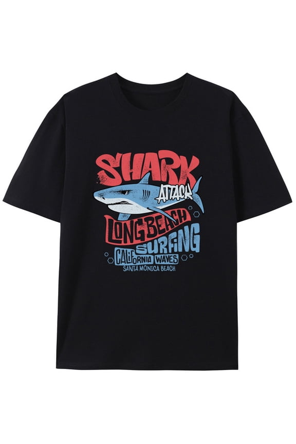 Graphic Short Sleeve T-Shirt for Men Regular Fit Crewneck with Shark Attack Surf Tee Cotton Fabric on White Fabric for men funny