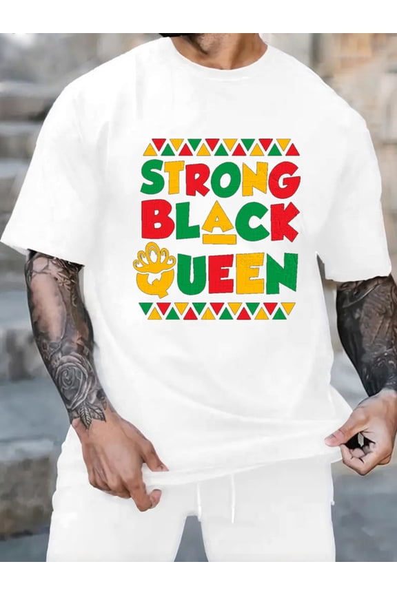 Graphic Short Sleeve T-Shirt for Men Regular Fit Crewneck with Strong Black Queen Tee Soft Cotton Fabric on White Fabric