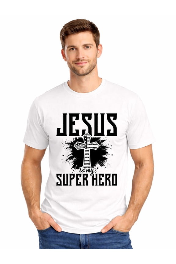 Graphic Short Sleeve T-Shirt for Men Regular Fit Crewneck with SuperHero Jesus Tee Cotton Fabric on White Fabric Valentine's Day Theme