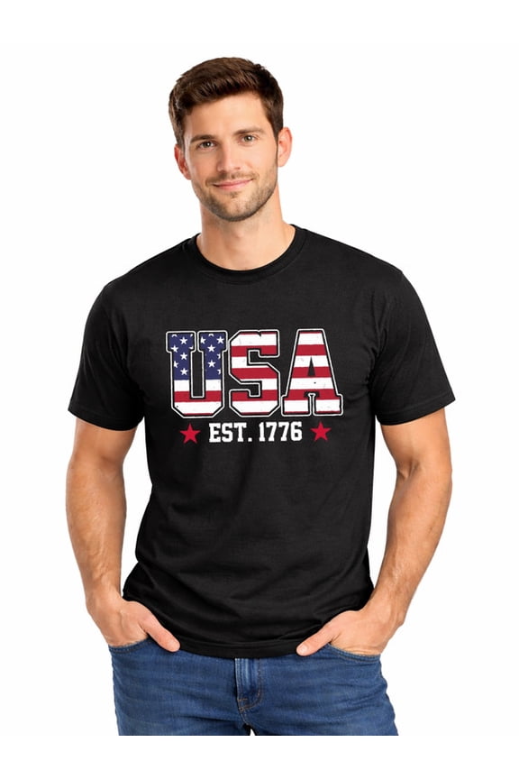 Graphic Short Sleeve T-Shirt for Men Regular Fit Crewneck with USA Pride 1776 Cotton Fabric on Black Fabric