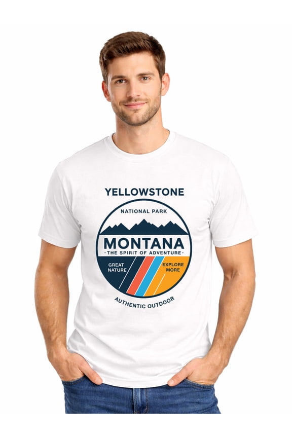 Graphic Short Sleeve T-Shirt for Men Regular Fit Crewneck with Yellowstone Montana T-Shirt Soft Cotton Fabric on White Fabric
