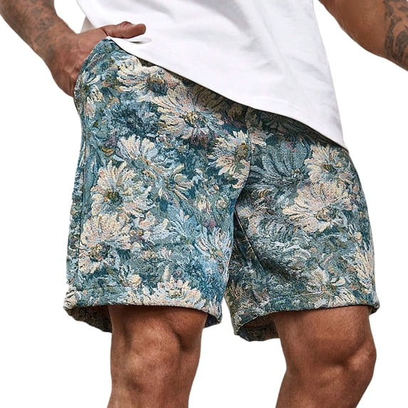 Graphic Shorts for Men Boho Paisley Drawstring Shorts with Pockets Elastic High Waisted Bermuda Shorts Casual Gym Vintage Workout Sweat Shorts,Blue XL