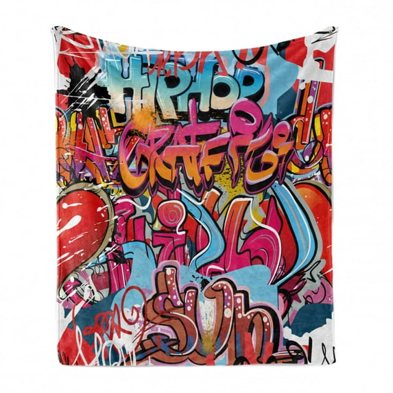 Graphic Soft Flannel Fleece Blanket, Hip Hop Street Culture Harlem New York City Wall Graffiti Art Spray Artwork Image, Cozy Plush for Indoor and Outdoor Use, 70" x 90", Multicolor, by Ambesonne