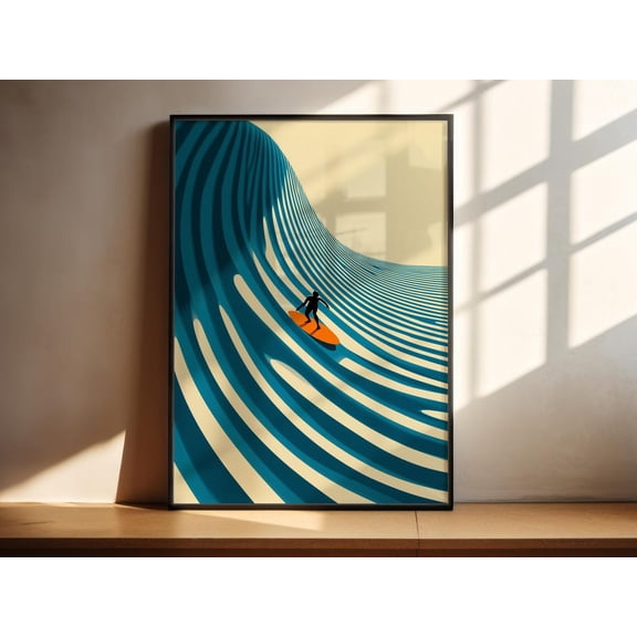 Graphic Surf Blue Striped Wave Wall Art Modern Surfer Print, Unframed Paper Print