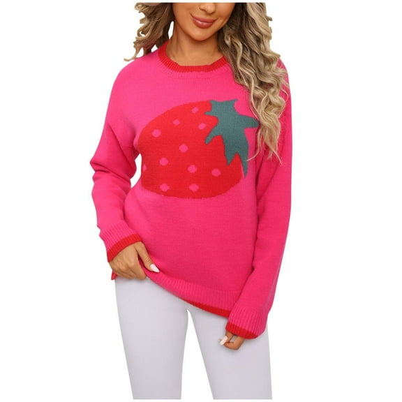 Graphic Sweater for Women Crewneck Long Sleeve Cable Knit Pullover Top Hot Pink L