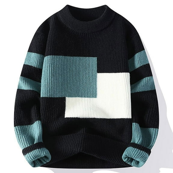 Graphic Sweaters for Men Geometric Casual Knitted Pullover Crewneck Fashion Color Block Fall Jumper Tops Long Sleeve Loose Comfy Sweater, Black (Small)