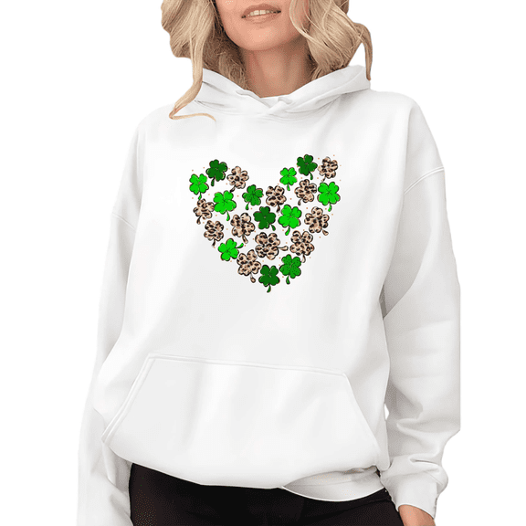 Graphic Sweatshirt Print Hoodie White Four Leaf Clover Heart Leopard Print St Patrick’s Day Shirts Graphic Tees Print T shirt Daily Tops S-2XL