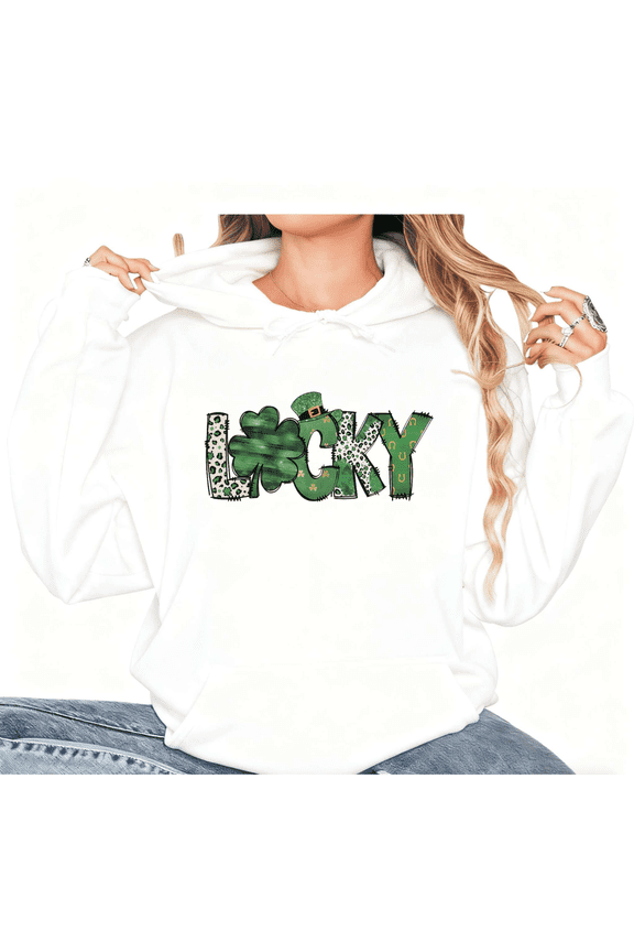 Graphic Sweatshirt Print Hoodie White Lucky Four Leaf Clover Leopard Print St Patrick’s Day Shirts Graphic Tees Print T shirt Daily Tops S-2XL