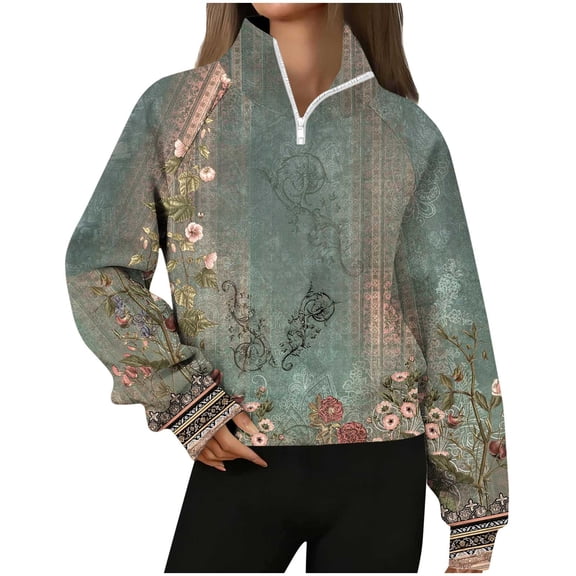 Graphic Sweatshirts Womens 1/4 Zip Pullover Floral Printed Crop Tops Long Sleeve Loose Casual Spring Fall Clothes (M, Army Green)