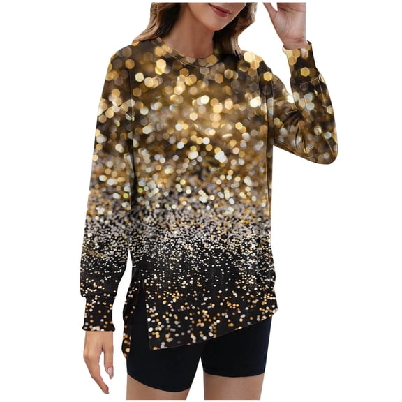 Graphic Sweatshirts for Women Casual Long Sleeve Tops Crew Neck Lightweight Pullover Sweatshirts Gold 2XL