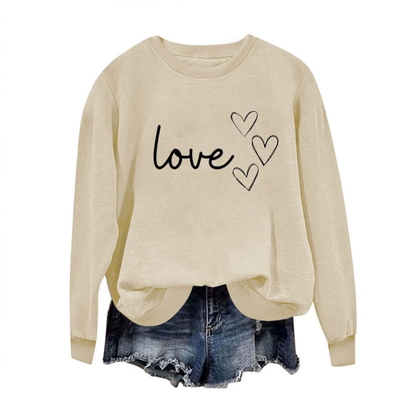 Graphic Sweatshirts for Women Love Print Round Neck Long Sleeve Cozy Tunic Tops Classic-Fitted Pullover Shirts (Khaki,S)