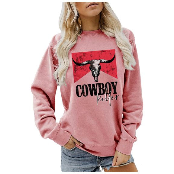 Graphic Sweatshirts for Women Vintage Cowboy Printed Long Sleeve Crewneck Tops Fall Winter Trendy Relaxed Fit Pullover Shirts