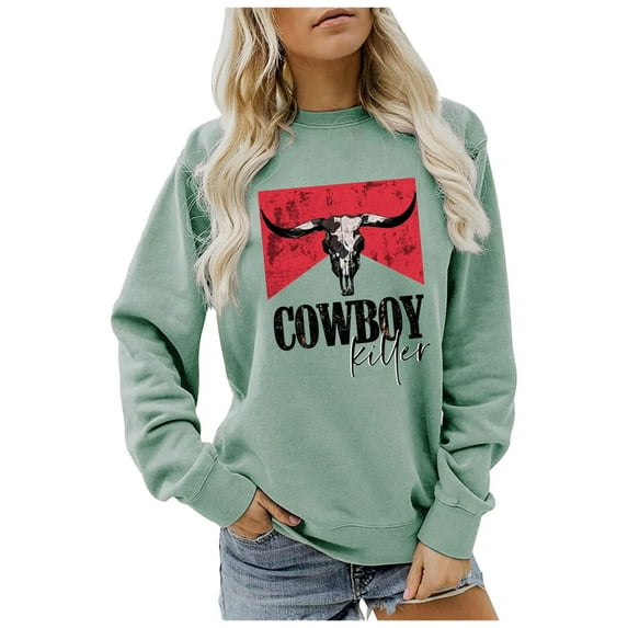 Graphic Sweatshirts for Women Vintage Cowboy Printed Long Sleeve Crewneck Tops Fall Winter Trendy Relaxed Fit Pullover Shirts