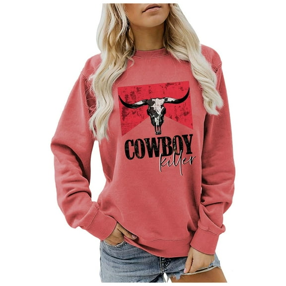 Graphic Sweatshirts for Women Vintage Cowboy Printed Long Sleeve Crewneck Tops Fall Winter Trendy Relaxed Fit Pullover Shirts