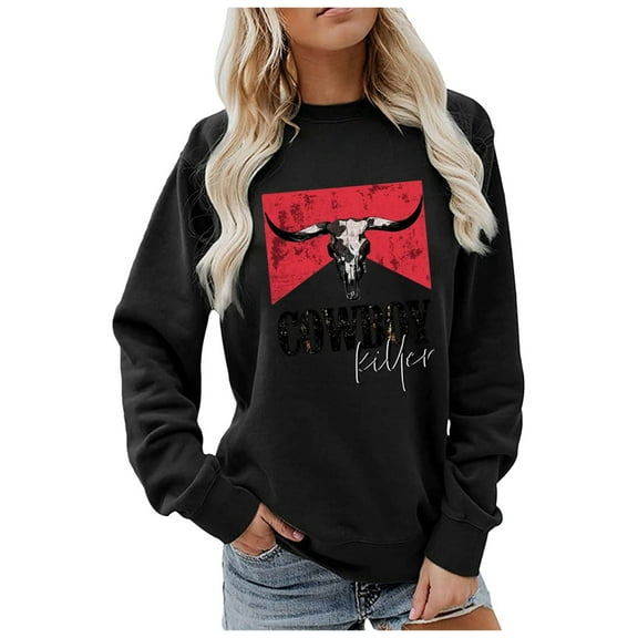 Graphic Sweatshirts for Women Vintage Cowboy Printed Long Sleeve Crewneck Tops Fall Winter Trendy Relaxed Fit Pullover Shirts