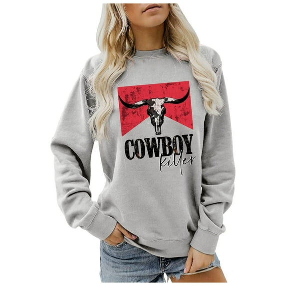Graphic Sweatshirts for Women Vintage Cowboy Printed Long Sleeve Crewneck Tops Fall Winter Trendy Relaxed Fit Pullover Shirts