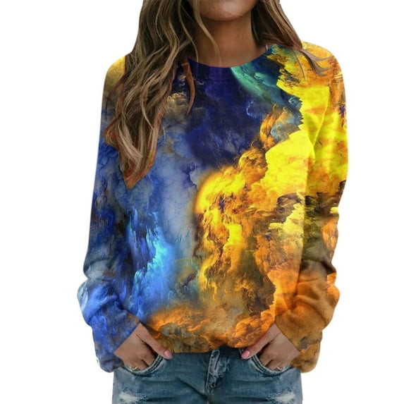 Graphic Sweatshirts for Women Vintage Tie Dye Printed Long Sleeve Crewneck Tops Fall Winter Casual Fashion Pullover Blouses