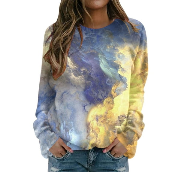 Graphic Sweatshirts for Women Vintage Tie Dye Printed Long Sleeve Crewneck Tops Fall Winter Casual Fashion Pullover Blouses
