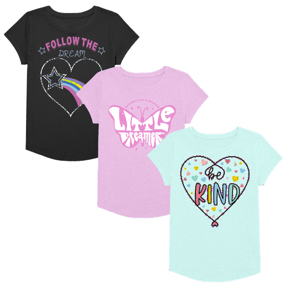 Graphic T-Shirt 3 Pack, Sizes 4-18, Baby Girl T-Shirts, Be Kind Design, Assorted Colors