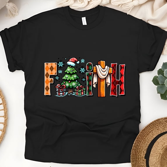 Graphic T-Shirt Faith Christmas Tree and Cross Design for Women, Black, Size S