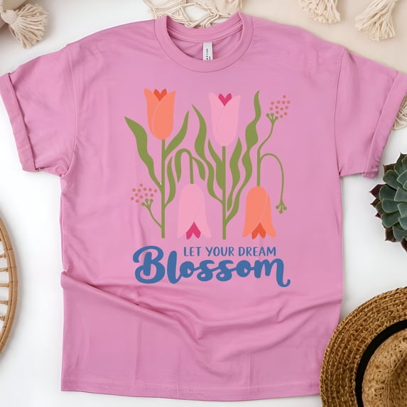 Graphic T-Shirt Let Your Dream Blossom Floral Print for Women, Azalea, Size L