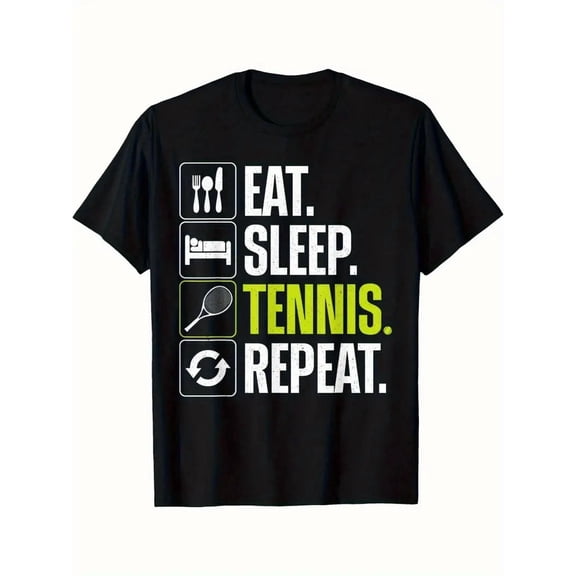 Graphic T-Shirt for Tennis Fans, "Eat Sleep Repeat" Slogan Print, Unisex Loose Fit