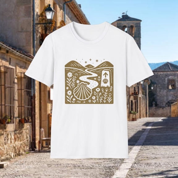 Graphic T-Shirt for Women, Linocut Folk Art Graphic Tee, Pilgrimage Gift with Scallop Shell & Trail Marker Design, Classic，cotton，white，S-5XL