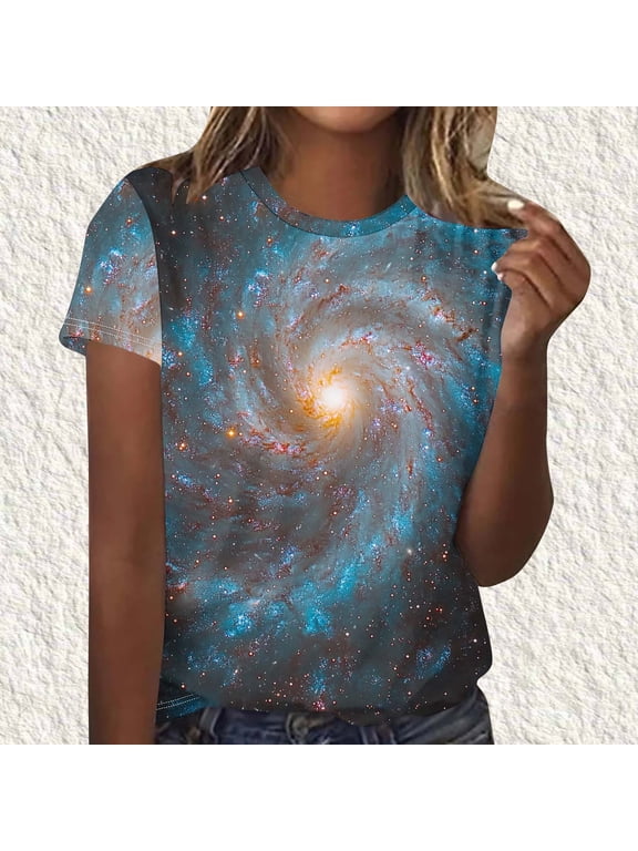 Graphic T-Shirt for Women Deep Space Spiral Galaxy Print Crewneck Short Sleeve Relaxed Fit Soft Fabric Aesthetic Astronomy Clothes Top