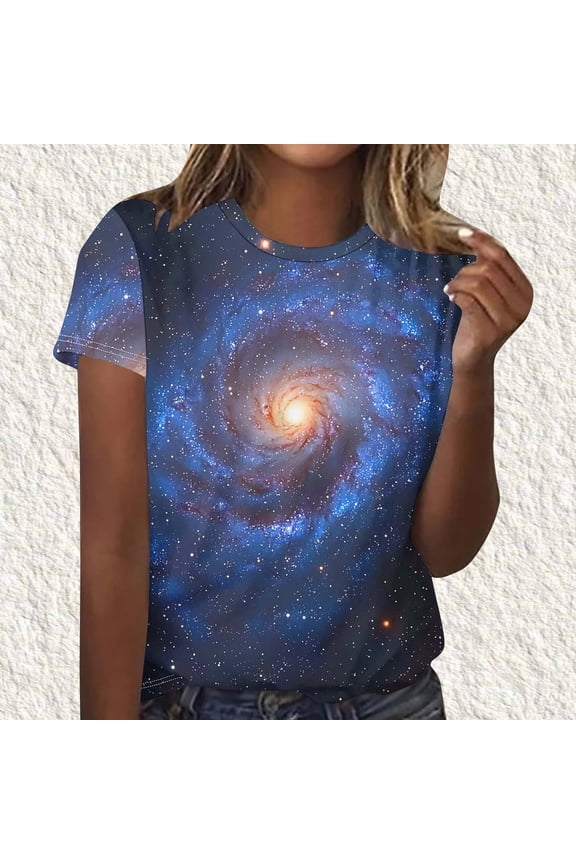 Graphic T-Shirt for Women Deep Space Spiral Galaxy Print Crewneck Short Sleeve Relaxed Fit Soft Fabric Aesthetic Astronomy Clothes Top