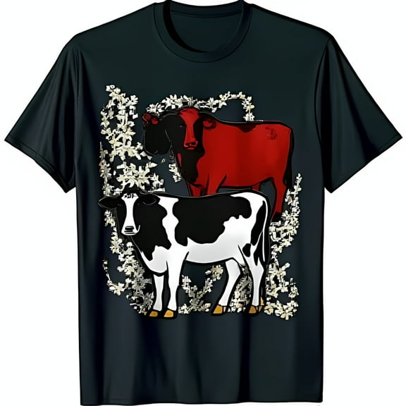 Graphic T-Shirt with Red and Black & White Cows Surrounded by Flowers Dark Blue Neck Tee