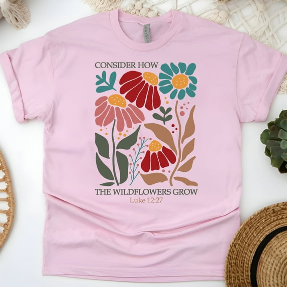 Graphic T-Shirt with Wildflower Bible Verse Luke 12:27 for Women, Light Pink, Size S