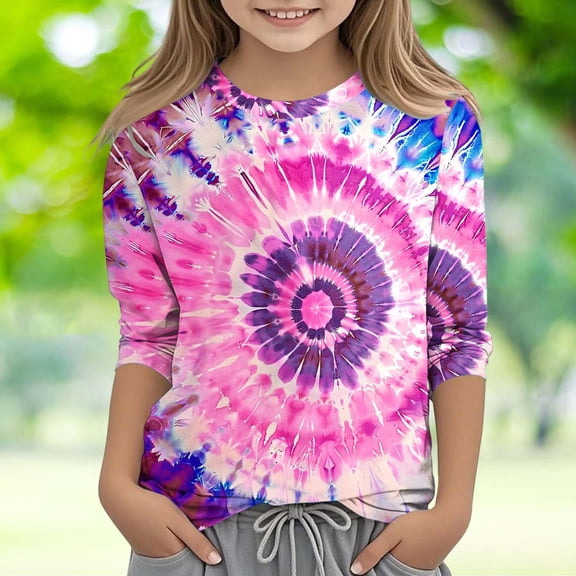 Graphic T Shirts for Girls Printed 3/4 Sleeve Tops Trendy Casual Cute Crew Neck Kids Tshirts Toddler Girl Clothes Y2K Fall Fashion Tees Workout Gym Outfits, Size 3-12