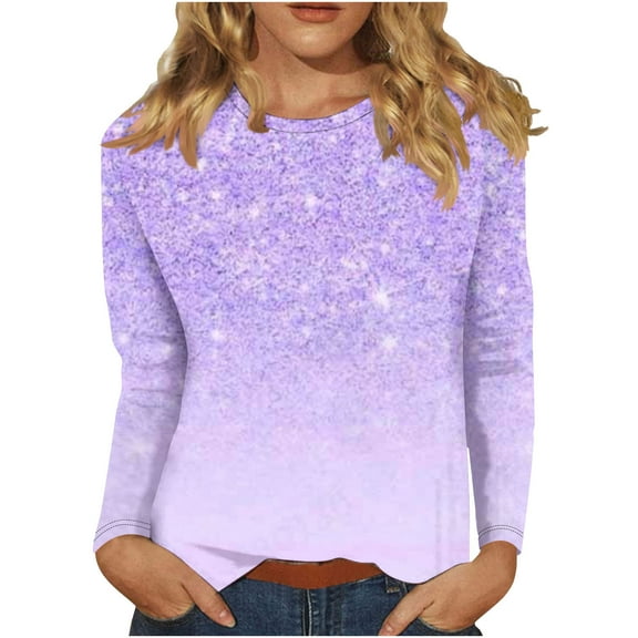 Graphic T Shirts Polyester Long Sleeve Crew Neck Basic Tees Womens Spring Fall Casual Pullover Tops S-3X Tshirts (2XL, Purple)