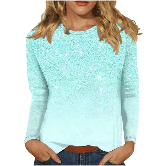 Graphic T Shirts Polyester Long Sleeve Crew Neck Basic Tees Womens Spring Fall Casual Pullover Tops S-3X Tshirts (3XL, Light Blue)