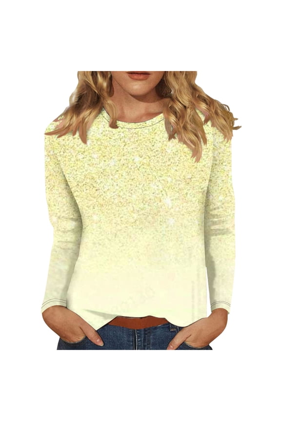 Graphic T Shirts Polyester Long Sleeve Crew Neck Basic Tees Womens Spring Fall Casual Pullover Tops S-3X Tshirts (XL, Yellow)