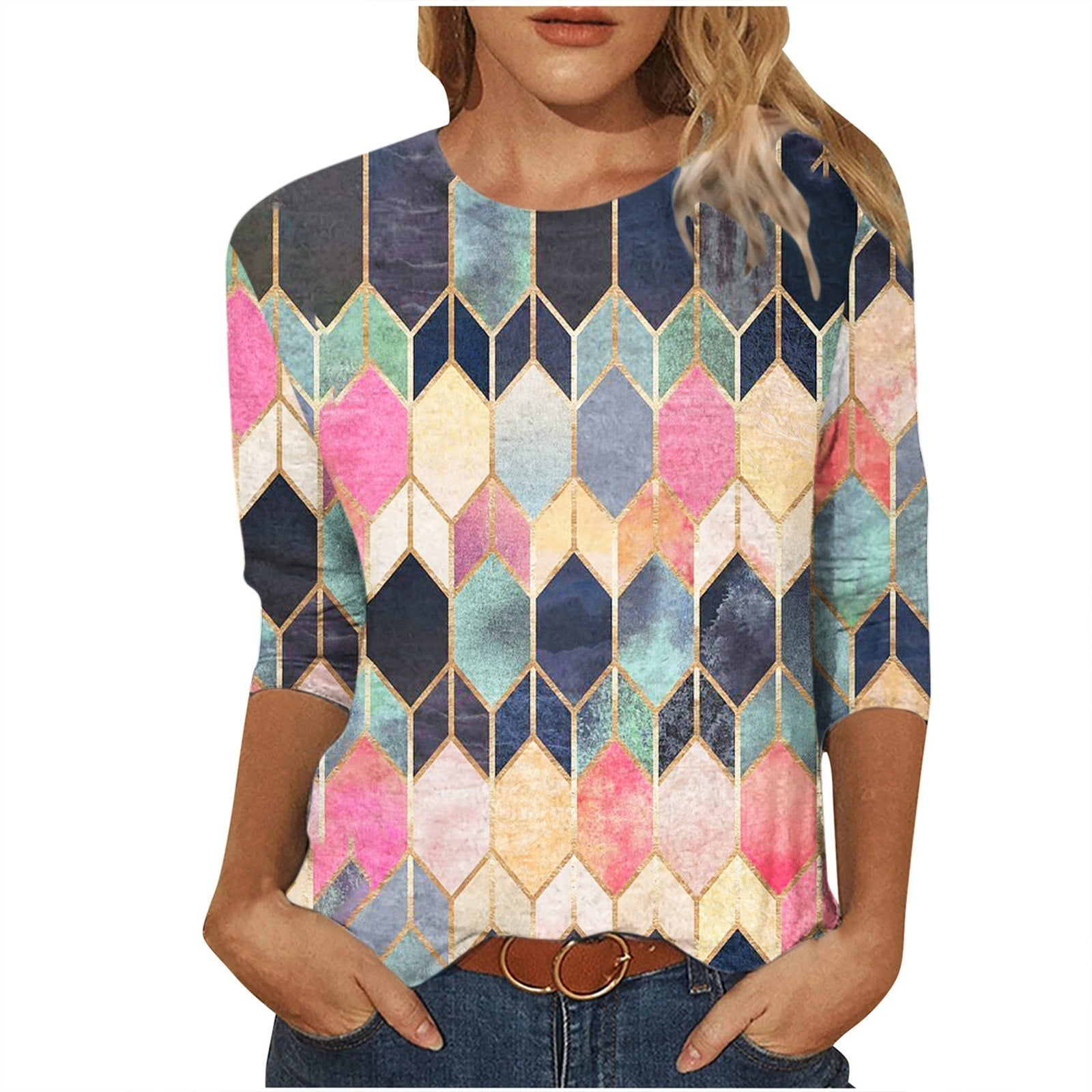 Graphic T Shirts Womens Polyester 3/4 Length Sleeve Round Neck