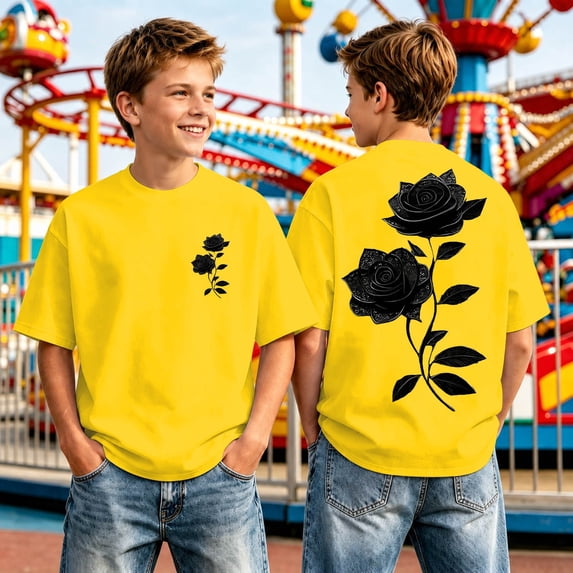 Graphic T Shirts for Boys Rose Floral Print Short Sleeve Crew Neck Tops (Yellow 4-5Years)