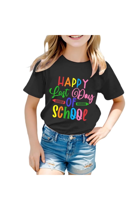 Graphic T Shirts for Little Girl Printed Round Neck Short Sleeved Plus Size Kids Clothing,Black,Size 3-4 Years