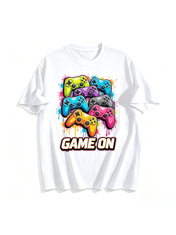 Graphic T-Shirts for Men Men’s Game On T-Shirt – Vintage Video Game Controller Graphic Tee, Colorful Arcade Gamer Crewneck Tops,White,L