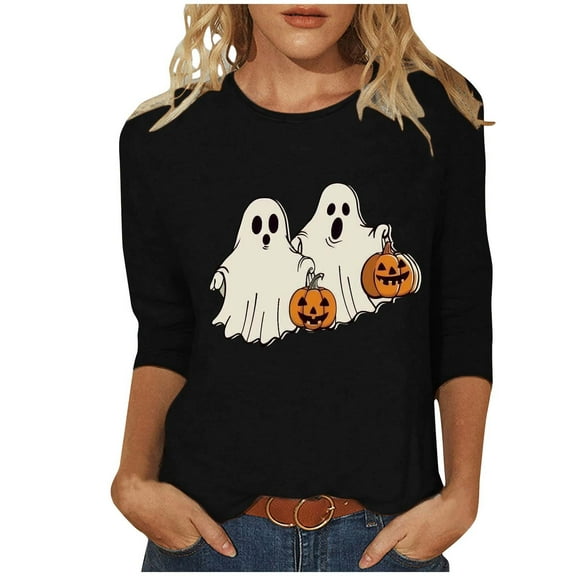 Graphic T Shirts for Women 3/4 Length Sleeve Tops Crewneck Ghost Pumpkin Printed Halloween Festival Outfit (M, Black)