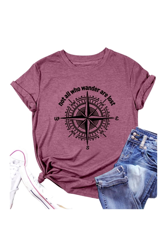 Graphic T-Shirts for Women Camping Trip Compass Print Short Sleeve Crewneck Tops Summer Vacation Soft Comfy Loose Tees Z001-Hot Pink L