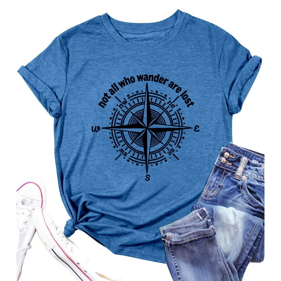 Graphic T-Shirts for Women Camping Trip Compass Print Short Sleeve Crewneck Tops Summer Vacation Soft Comfy Loose Tees Z001-Sky Blue XL